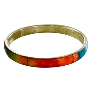 Thin Brass Bangle Bracelet With Rainbow Gradient Leather Inlay